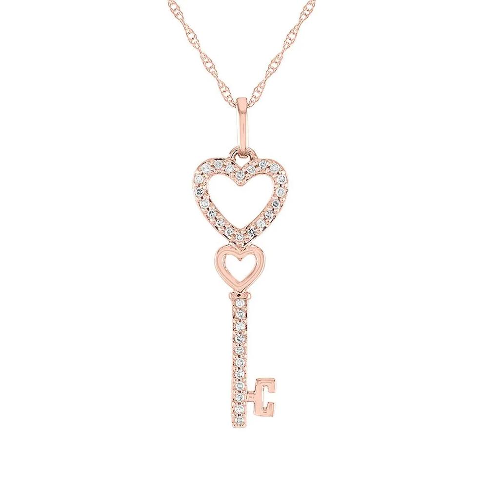 Diamond Heart Key Pendant in 10K Rose Gold – Image 1 of 2