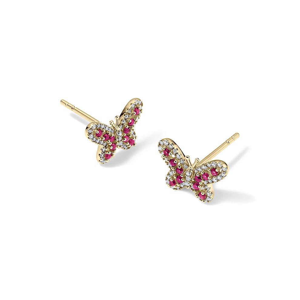 Ruby &amp; Diamond Butterfly Stud Earrings in 14K Yellow Gold (1/7 ct. tw.) – Image 1 of 2