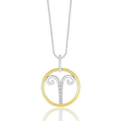 Diamond Accent Aries Disc Pendant in Sterling Silver and 10K Yellow Gold