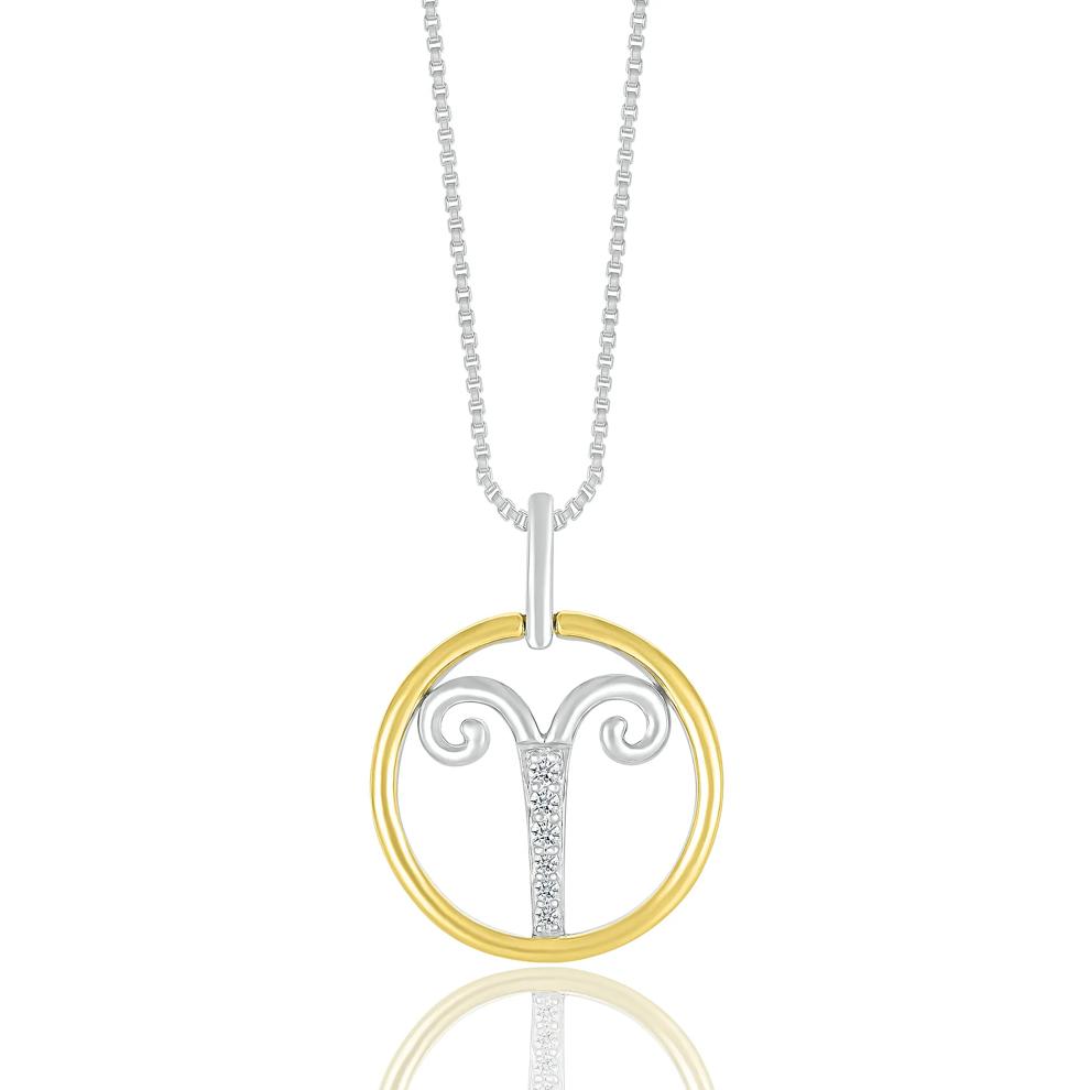 Diamond Accent Aries Disc Pendant in Sterling Silver and 10K Yellow Gold  – Image 1 of 3