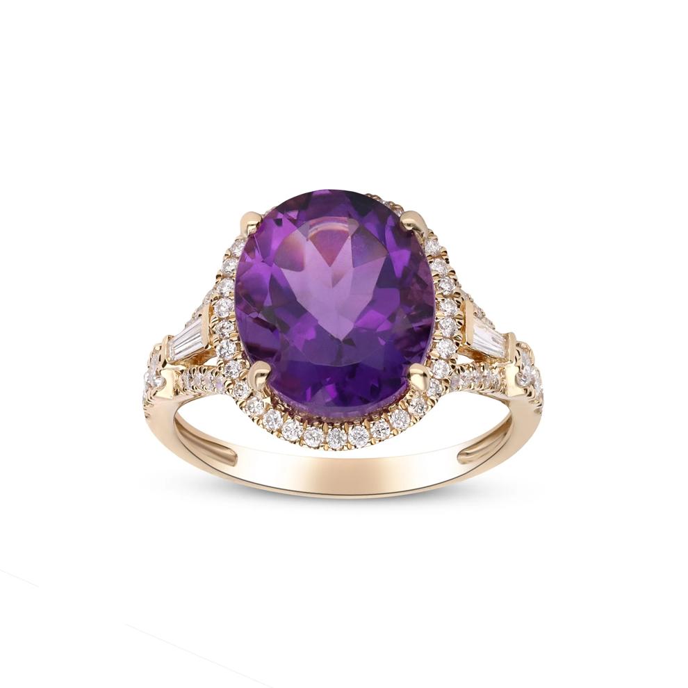 Oval Amethyst &amp; Diamond Halo Ring in 14K Yellow Gold (1/2 ct. tw.) – Image 5 of 5