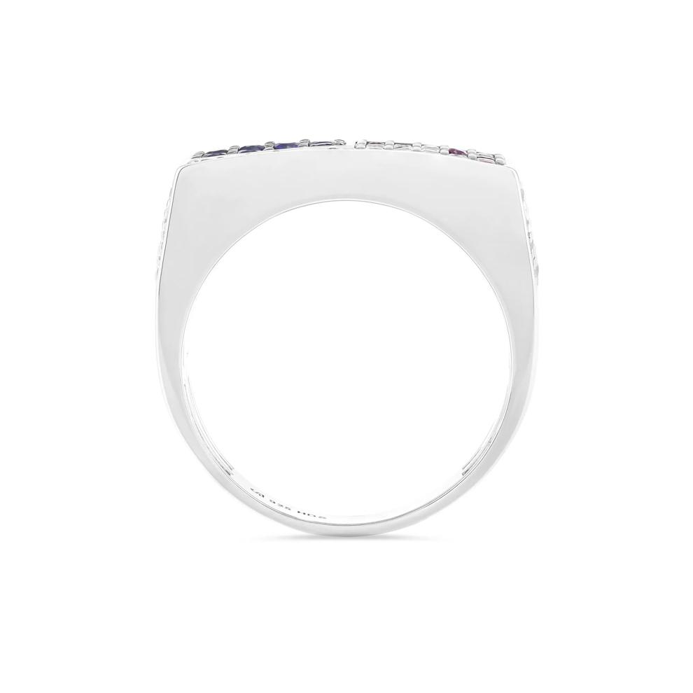 Men's Lab-Created Blue Sapphire, Lab-Created White Sapphire &amp; Lab-Created Ruby American Flag Ring in Sterling Silver – Image 2 of 4