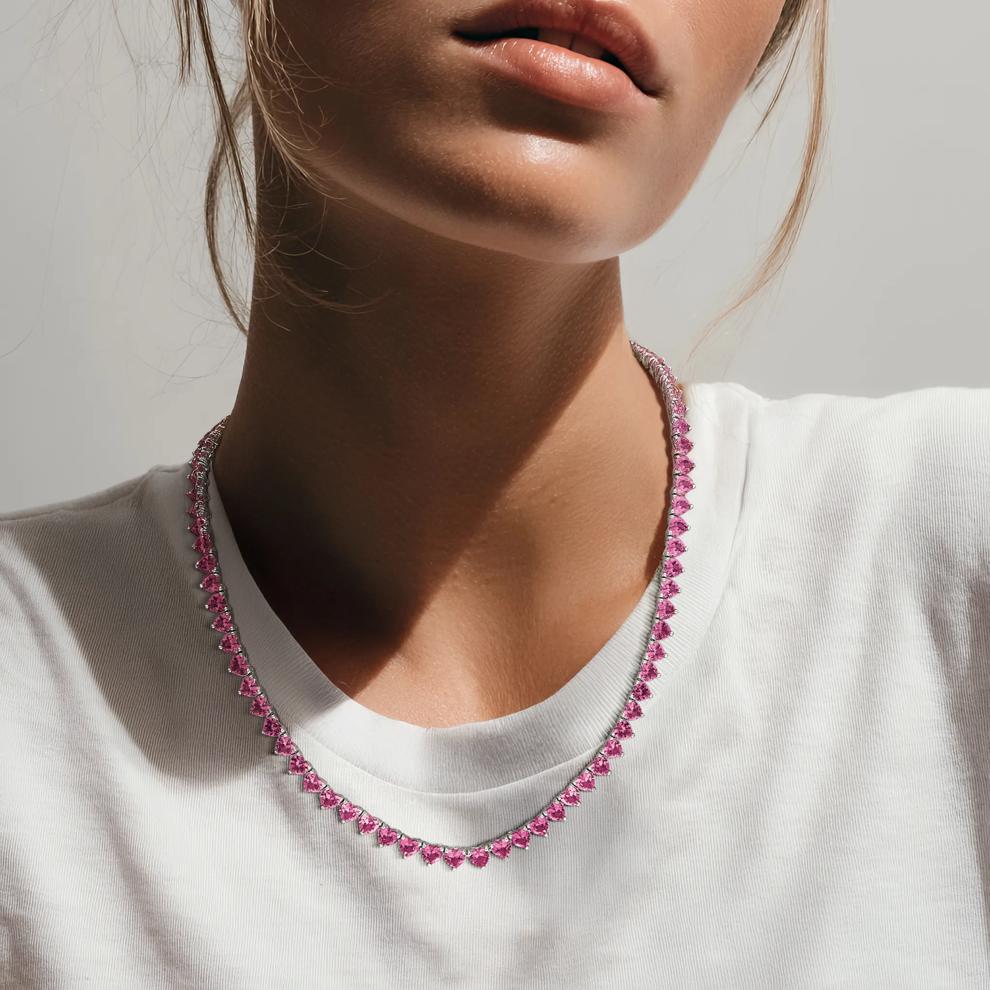 Lab Created Pink Sapphire Heart-Shaped Tennis Necklace – Image 7 of 7
