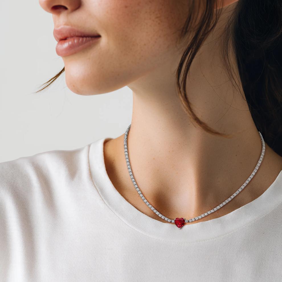 Lab Created White Sapphire and Lab Created Ruby Heart Necklace in Sterling Silver – Image 6 of 6