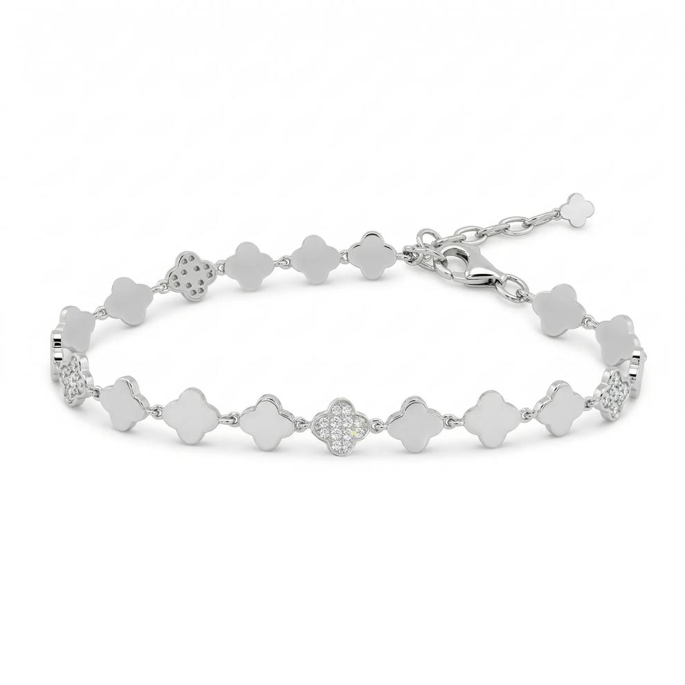 Diamond Clover-Shaped Link Bracelet in Sterling Silver (1/4 ct. tw.) – Image 1 of 2