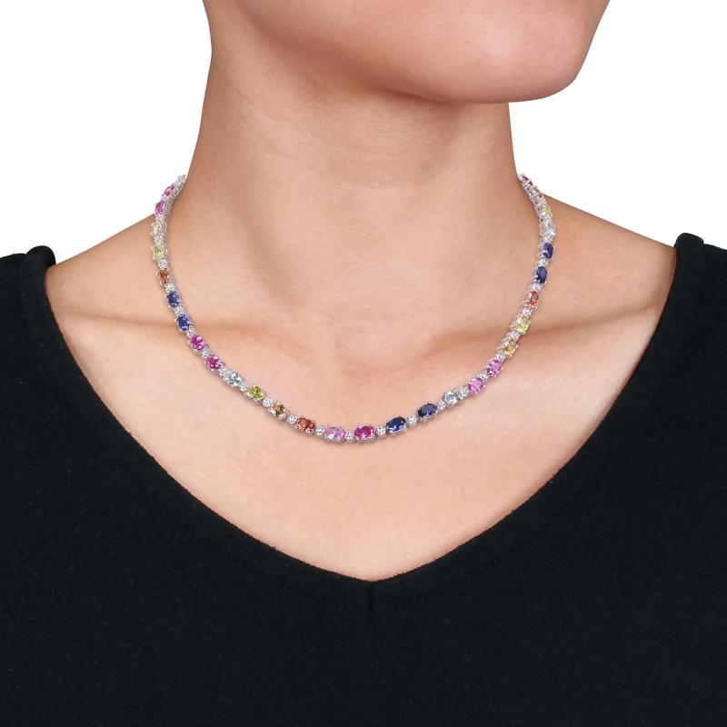 Lab Created Multi-Color Sapphire Tennis Necklace in Sterling Silver – Image 5 of 6