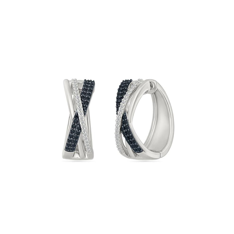 Black and White Diamond Crossover Hoop Earrings in Sterling Silver (3/8 ct. tw.) – Image 1 of 3