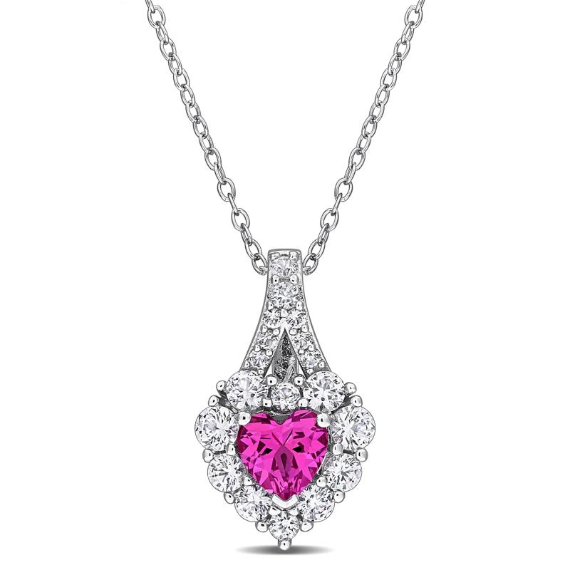 Lab-Created Pink Sapphire and Lab-Created White Sapphire Heart Pendant in Sterling Silver – Image 1 of 6