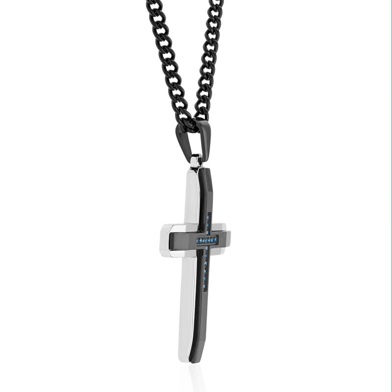 Men&#39;s Ion-Plated Stainless Steel Cross with Blue Diamonds &#40;1/10 ct. tw.&#41; – Image 2 of 3