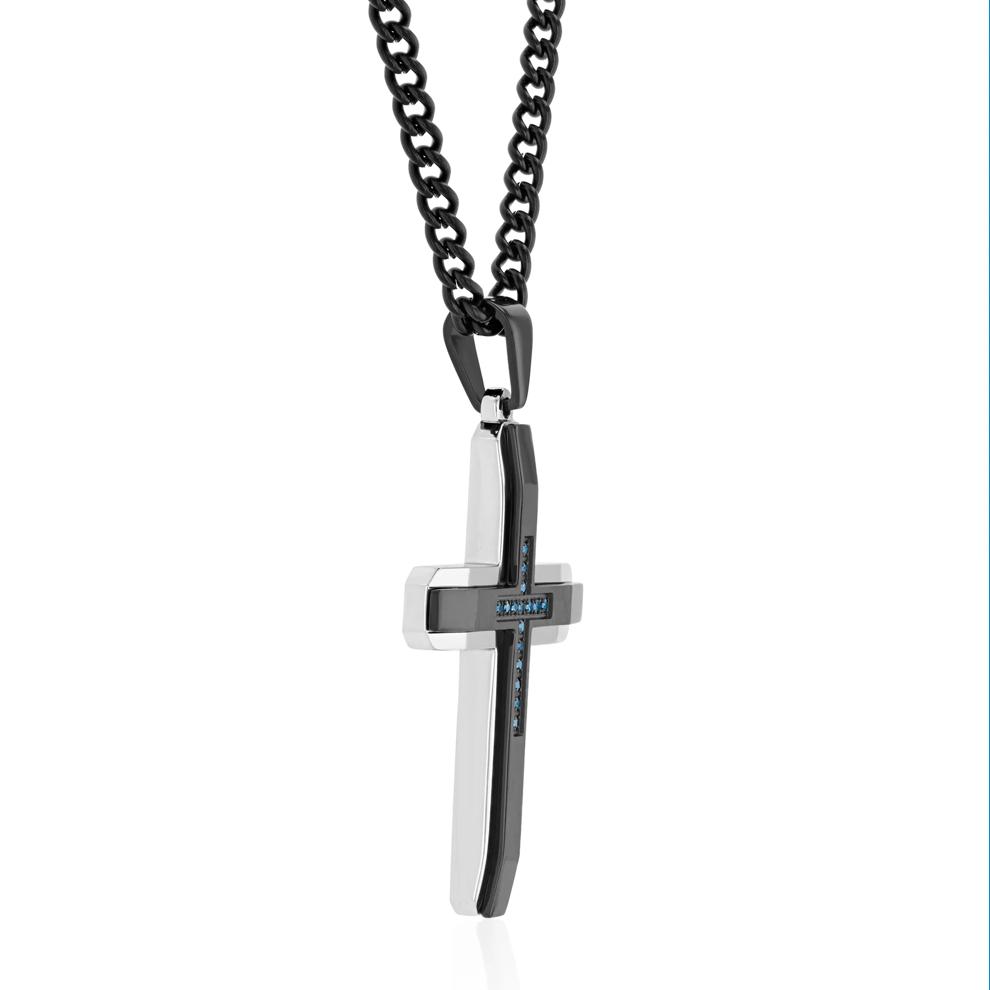 Men's Ion-Plated Stainless Steel Cross with Blue Diamonds (1/10 ct. tw.) – Image 2 of 3