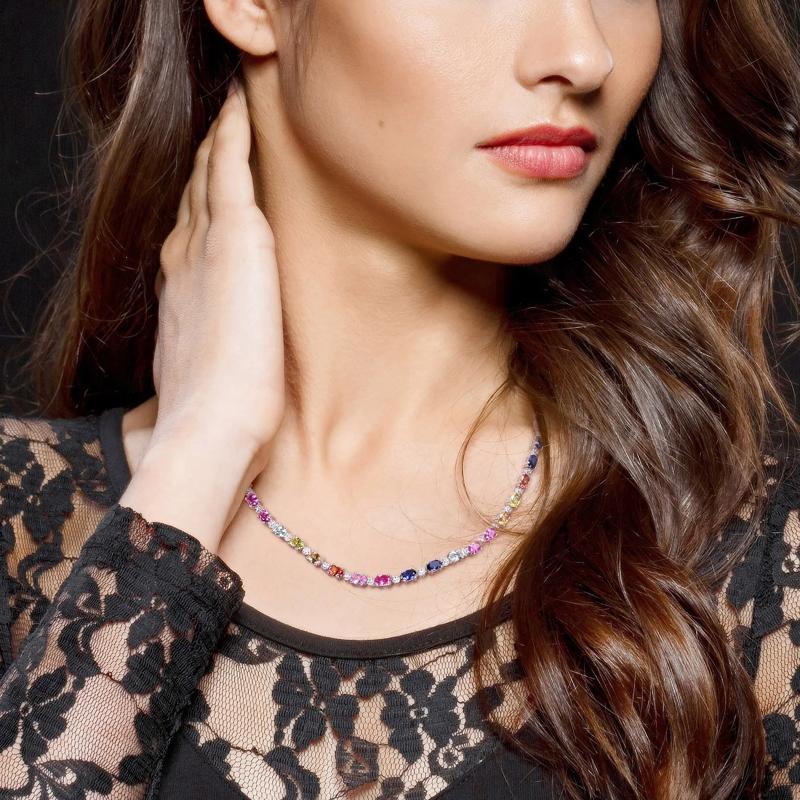 Lab Created Multi-Color Sapphire Tennis Necklace in Sterling Silver – Image 6 of 6