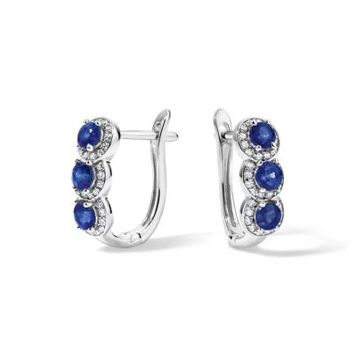 Blue Sapphire & Diamond Three-Stone Hoop Earrings in 10K White Gold (1/4 ct. tw.)