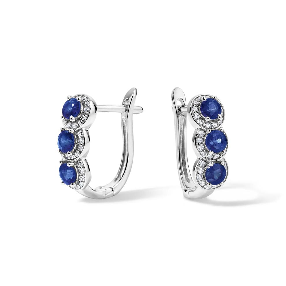 Blue Sapphire &amp; Diamond Three-Stone Hoop Earrings in 10K White Gold (1/4 ct. tw.) – Image 1 of 2