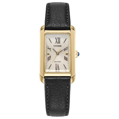 Ladies' L Bianca Watch in Black Apple Leather and Gold-Tone Stainless Steel, 32MM