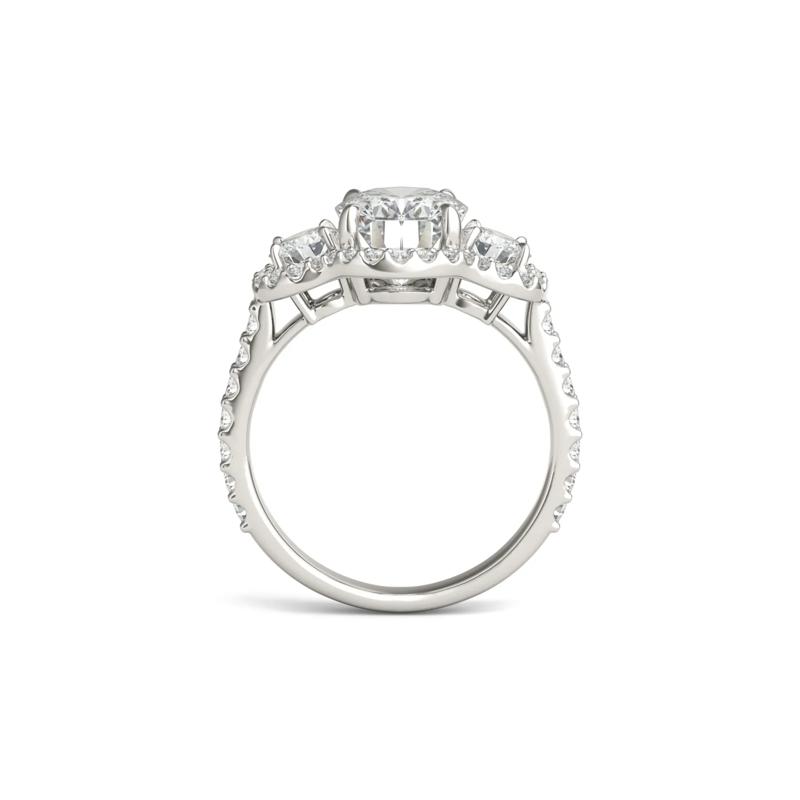 Oval Moissanite Three-Stone Ring with Halo in 14K White Gold – Image 2 of 5