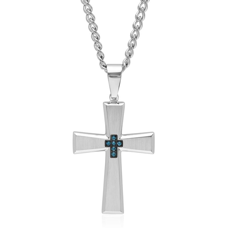 Blue Diamond Accent Cross Pendant in Stainless Steel – Image 1 of 3