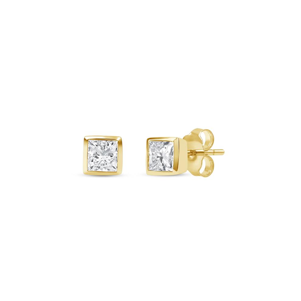 Lab Grown Diamond Princess-Cut Bezel-Set Solitaire Stud Earrings in 14K Yellow Gold (1/3 ct. tw.) – Image 1 of 3