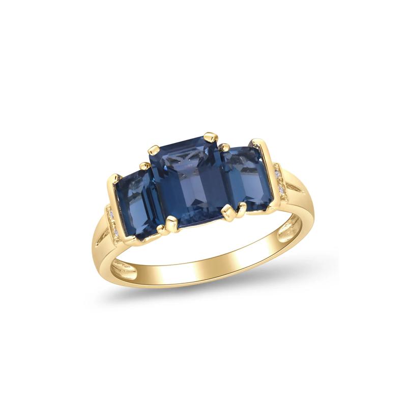 London Blue Topaz Three Stone Ring with Diamond Accent in 10K Yellow Gold – Image 4 of 4