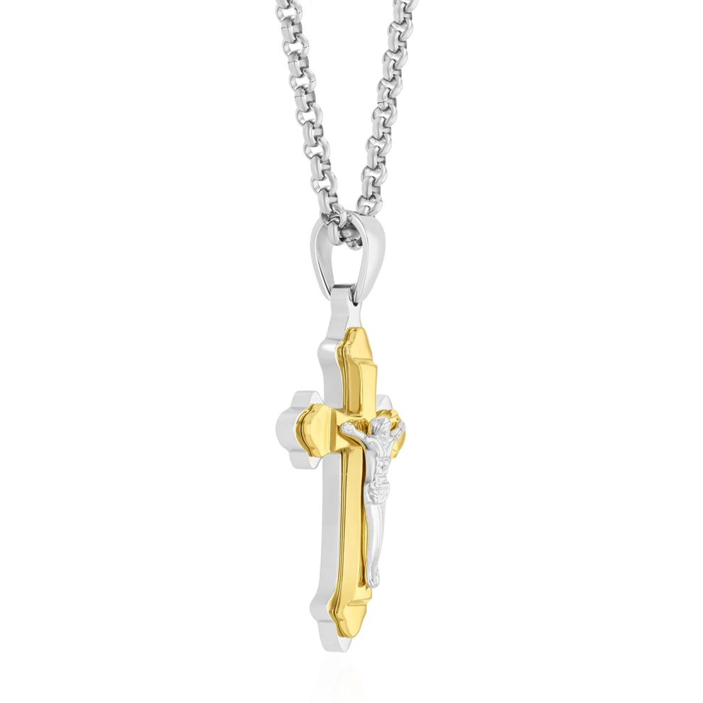 Cross Crucifix Pendant Rolo Chain Necklace in Two-Tone Yellow Ion-Plated Stainless Steel – Image 2 of 3