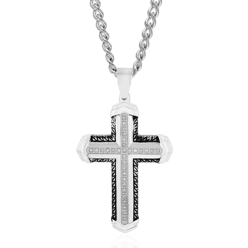 Men&rsquo;s Diamond &amp; Black Ion-Plated Cross Necklace in Stainless Steel &#40;1/4 ct. tw.&#41; – Image 1 of 3