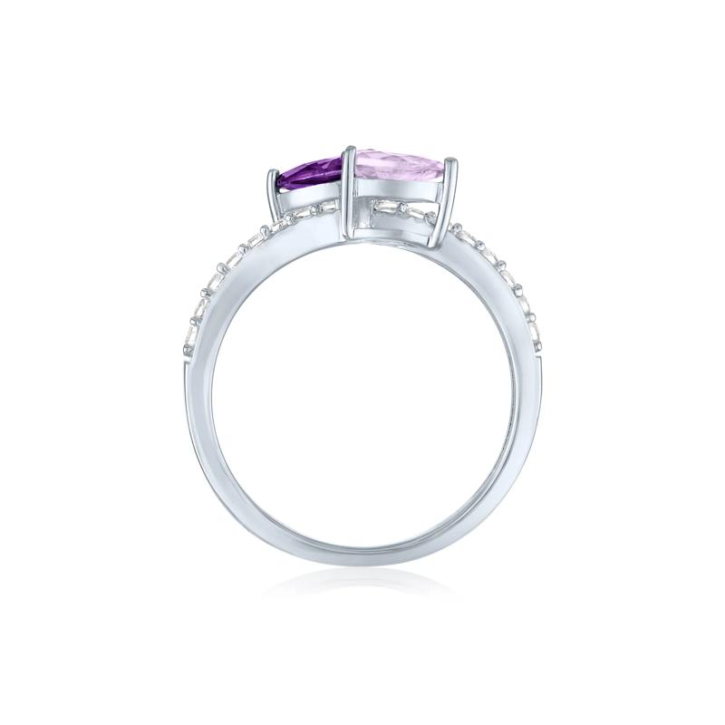 Bypass Ring with Purple and Pink Amethysts and Lab-Created White Sapphires in Sterling Silver – Image 2 of 3