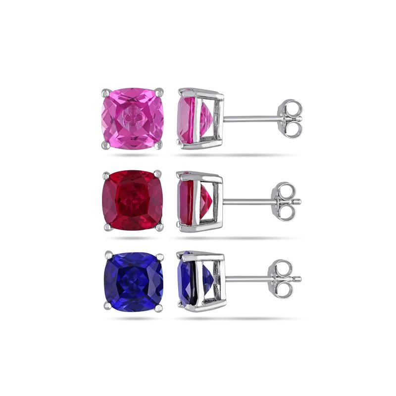 Lab Crated Pink Sapphire, Ruby and Blue Sapphire Stud Earring Set in Sterling Silver – Image 1 of 3
