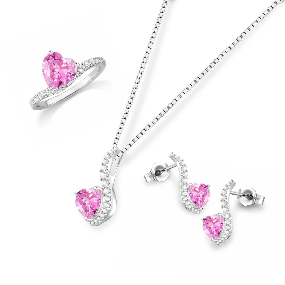 Lab-Created Pink Sapphire &amp; Lab-Created White Sapphire Heart Pendant, Earrings, &amp; Ring Boxed Set in Sterling Silver – Image 1 of 4