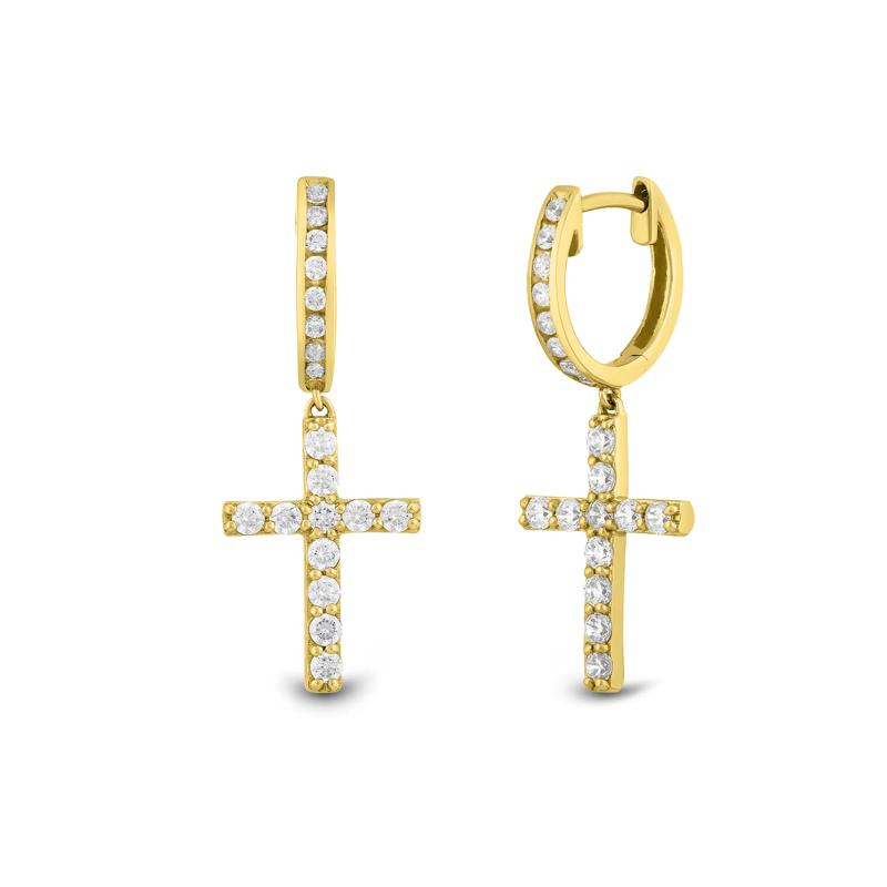 Men&rsquo;s Lab Grown Diamond Cross Dangle Earrings in 10K Yellow Gold – Image 1 of 1
