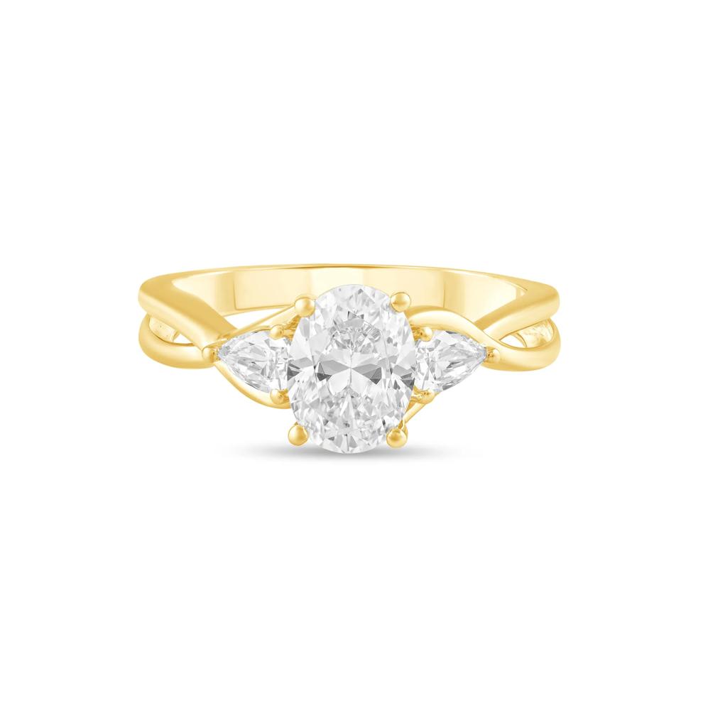 Lab Grown Diamond Oval Center Three-Stone Engagement Ring in 10K Yellow Gold (1 1/2 ct. tw.) – Image 1 of 4