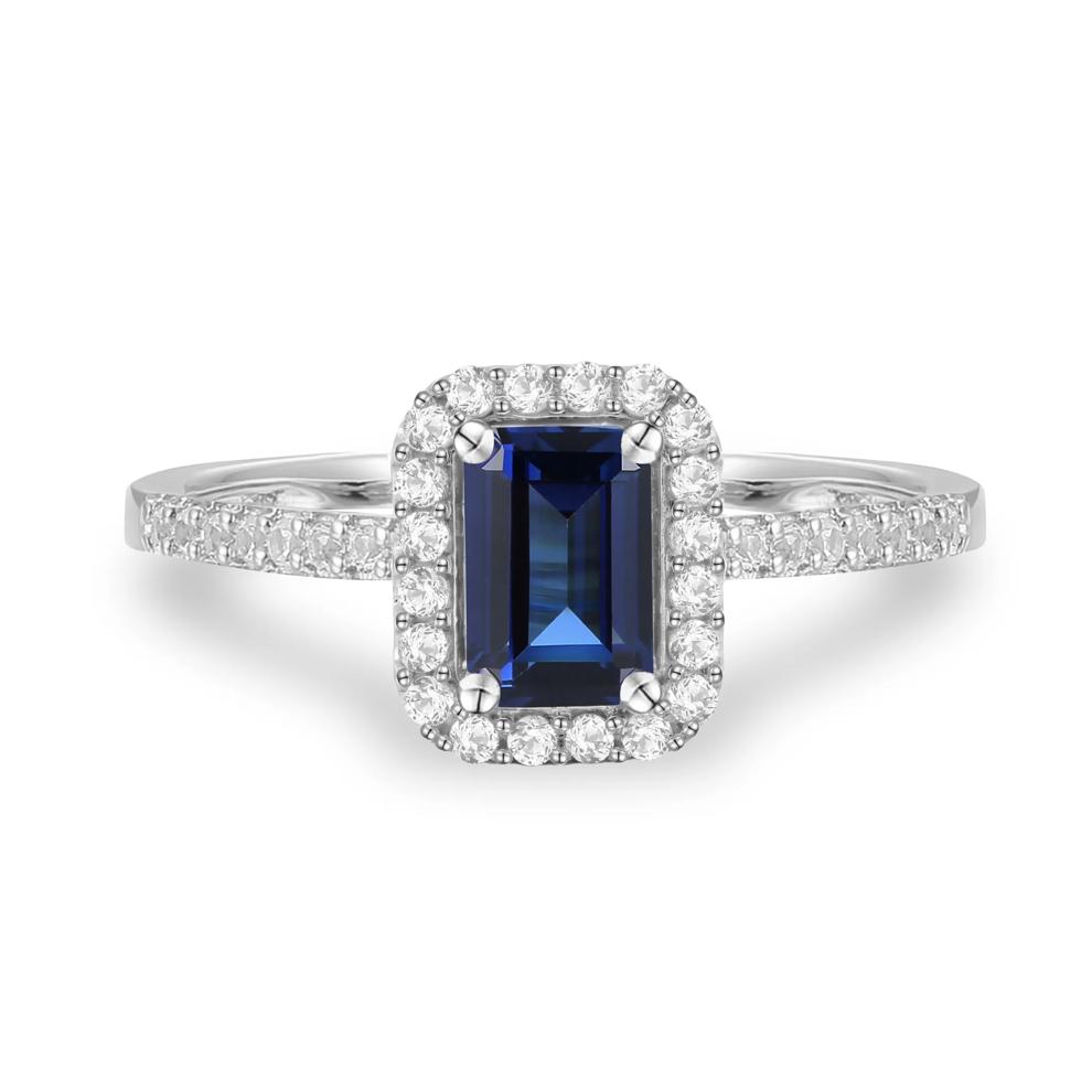 Blue Sapphire &amp; Diamond Halo Ring in 10K White Gold (1/5 ct. tw.) – Image 1 of 4