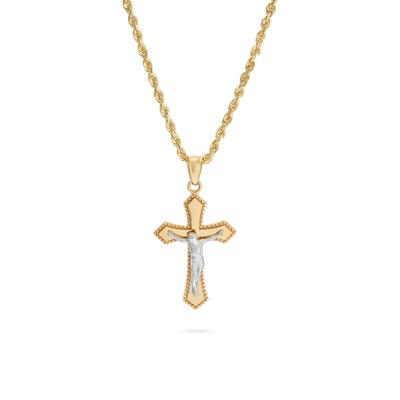 Polished Milgrain Crucifix Cross Pendant Necklace in 10K Yellow & White Gold