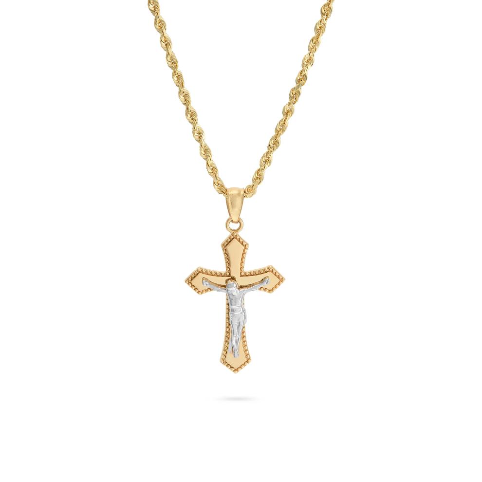 Polished Milgrain Crucifix Cross Pendant Necklace in 10K Yellow &amp; White Gold – Image 1 of 4