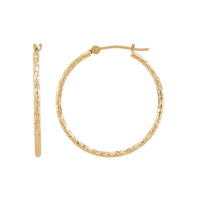 Crystal Cut Round Hoop Earrings in 10K Yellow Gold, 28MM