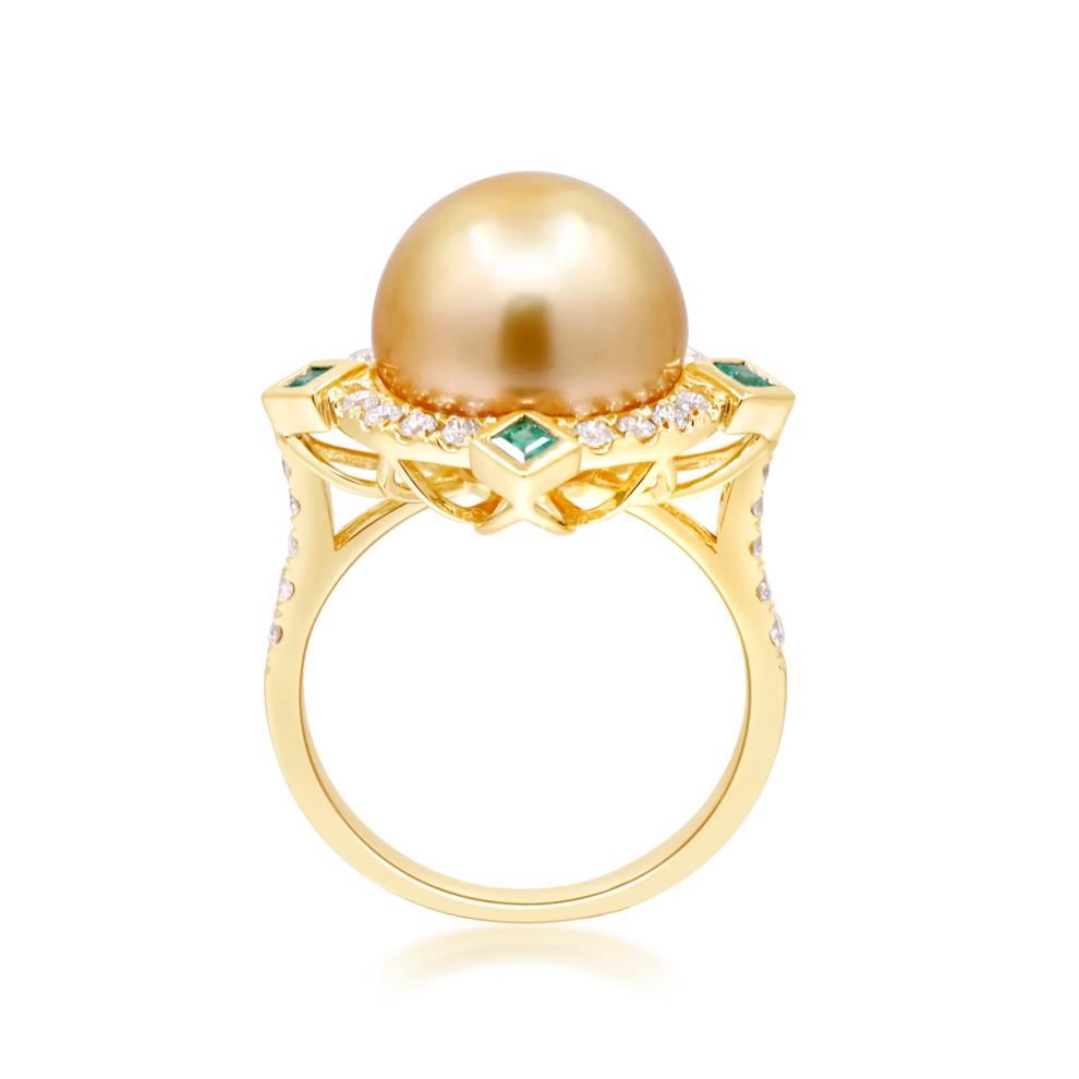 South Sea Pearl, Emerald &amp; Diamond Ring in 14K Yellow Gold (3/8 ct. tw.) – Image 2 of 4