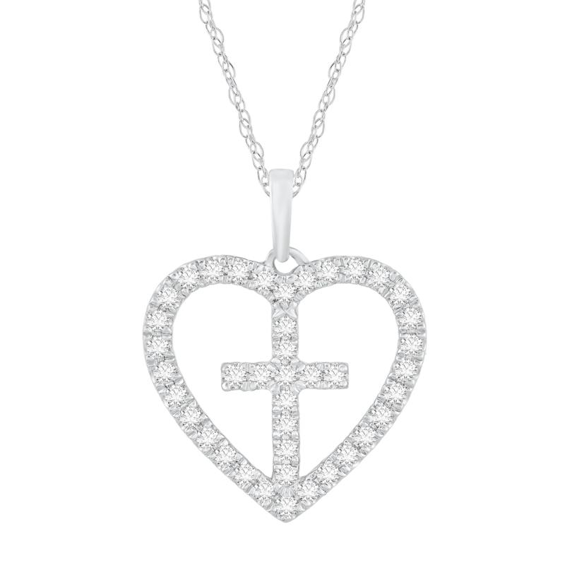 Diamond Heart Cross Pendant in 14K White Gold &#40;1/3 ct. tw.&#41; – Image 1 of 3