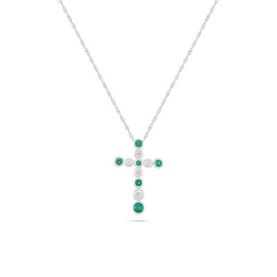 Lab-Created Emerald & Lab-Created White Sapphire Bezel-Set Cross Pendant Necklace in Sterling Silver