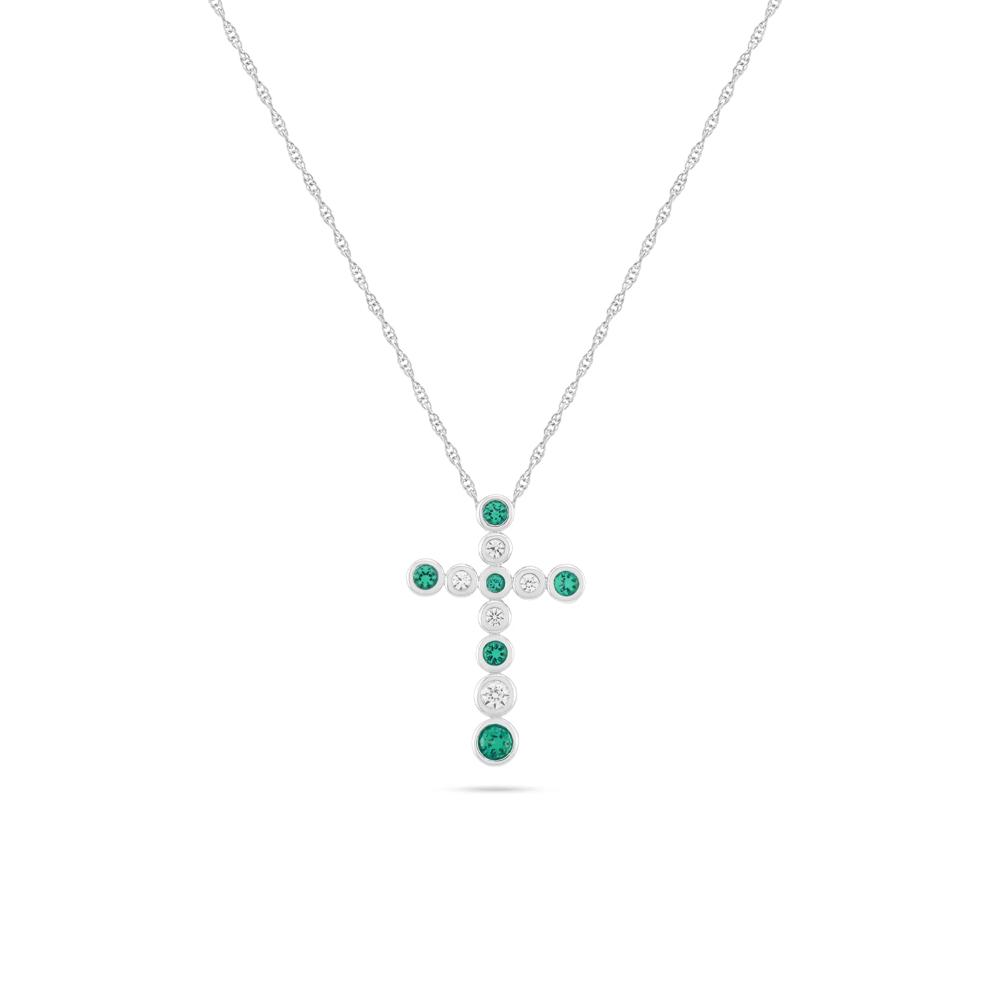 Lab-Created Emerald &amp; Lab-Created White Sapphire Bezel-Set Cross Pendant Necklace in Sterling Silver – Image 1 of 4
