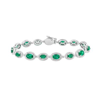 Lab-Created Emerald & Lab-Created White Sapphire Halo Tennis Bracelet in Sterling Silver, 7"