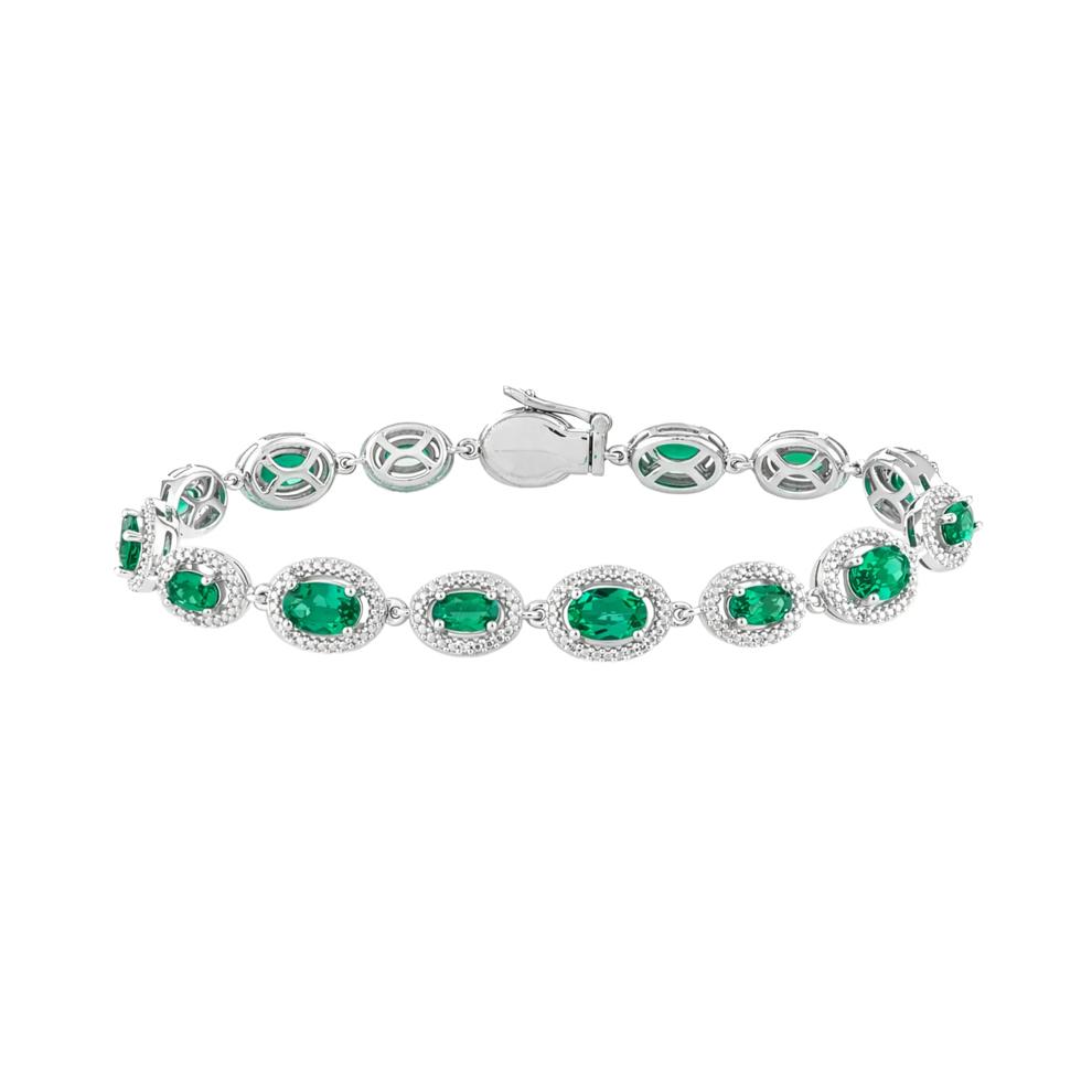 Lab-Created Emerald &amp; Lab-Created White Sapphire Halo Tennis Bracelet in Sterling Silver, 7" – Image 1 of 2