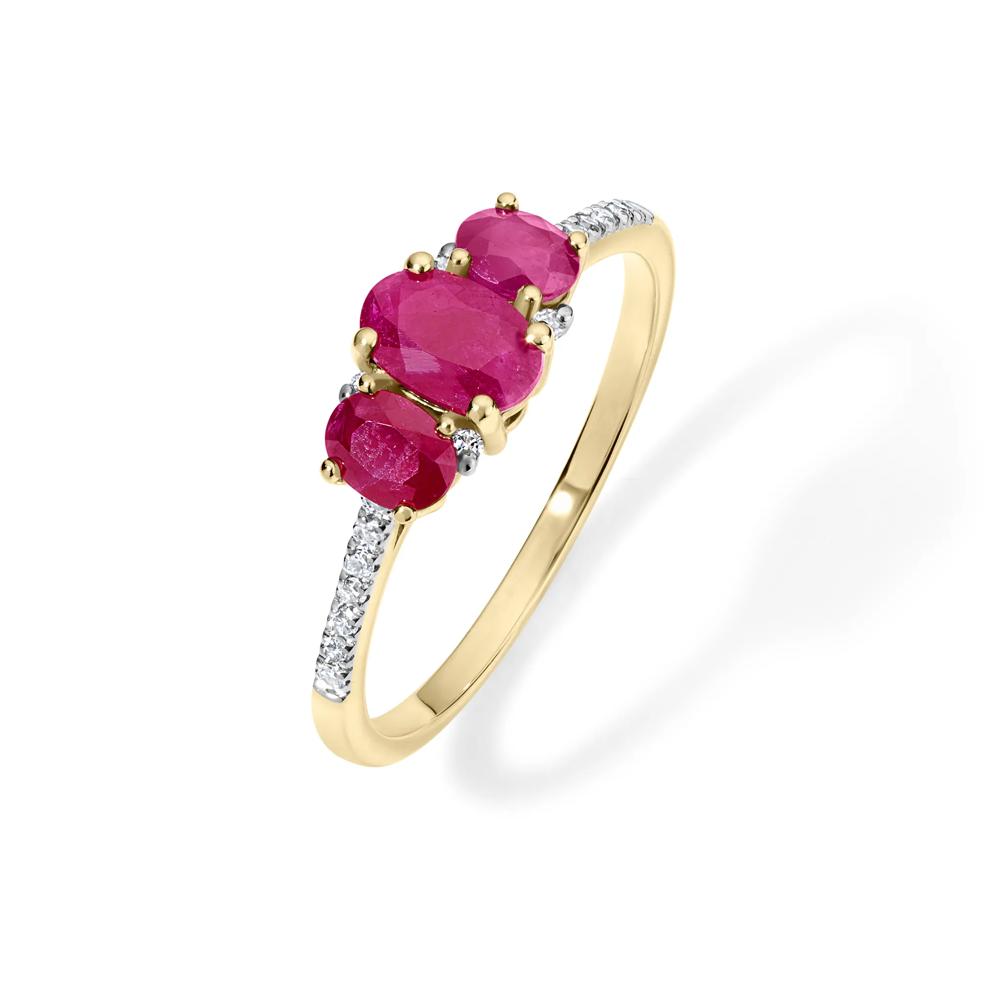 Ruby &amp; Diamond Accent Oval Three-Stone Ring in 10K Yellow Gold – Image 4 of 4