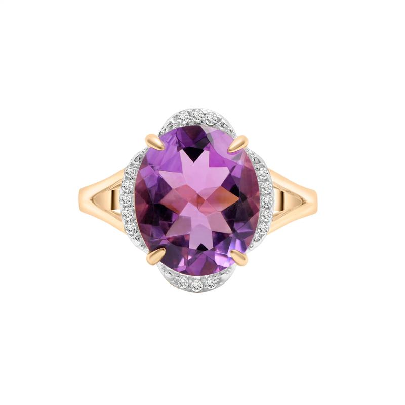 Oval Amethyst and Diamond Accent Cocktail Ring in 10K Yellow Gold – Image 1 of 5