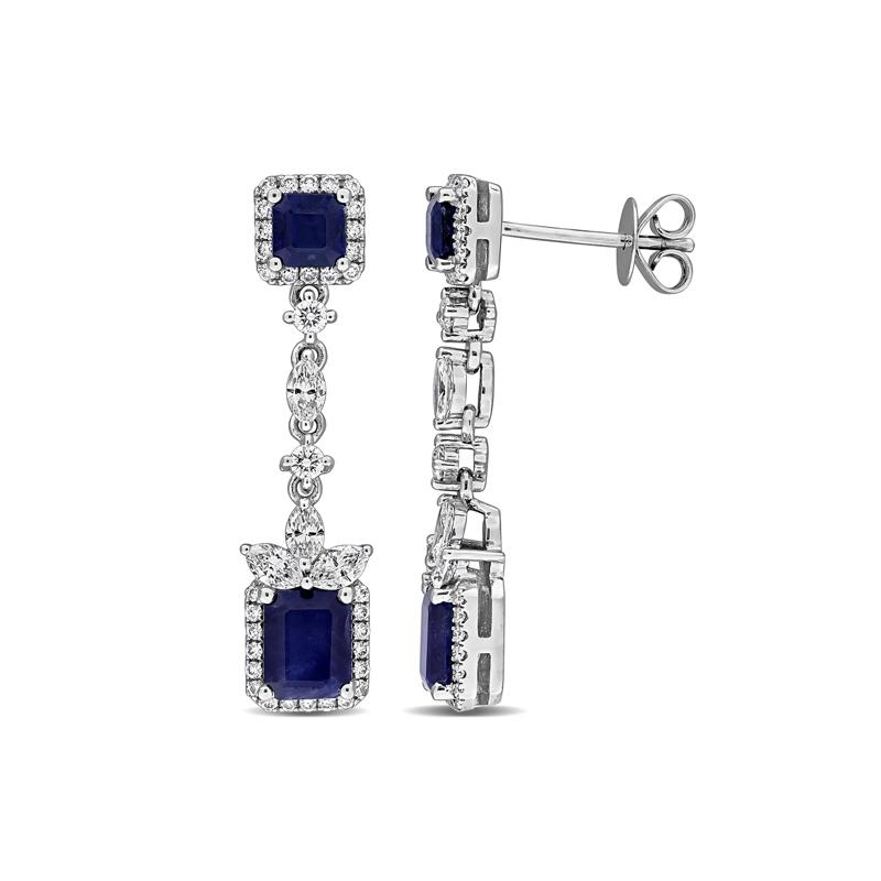 Blue Sapphire &amp; Diamond Drop Earrings in 14K White Gold &#40;1 ct. tw.&#41; – Image 1 of 4