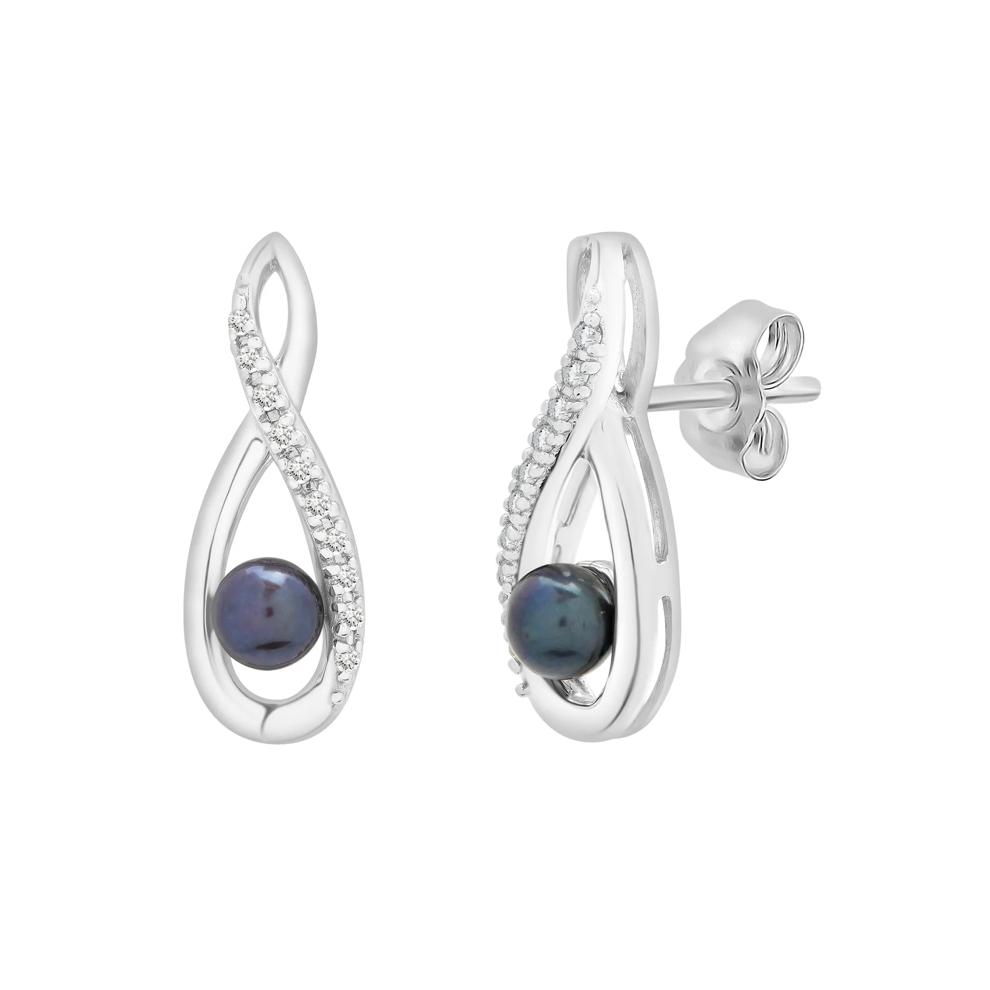 Black Dyed Freshwater Cultured Pearl and Lab-Created White Sapphire Infinity Earrings in 10K White Gold – Image 1 of 1