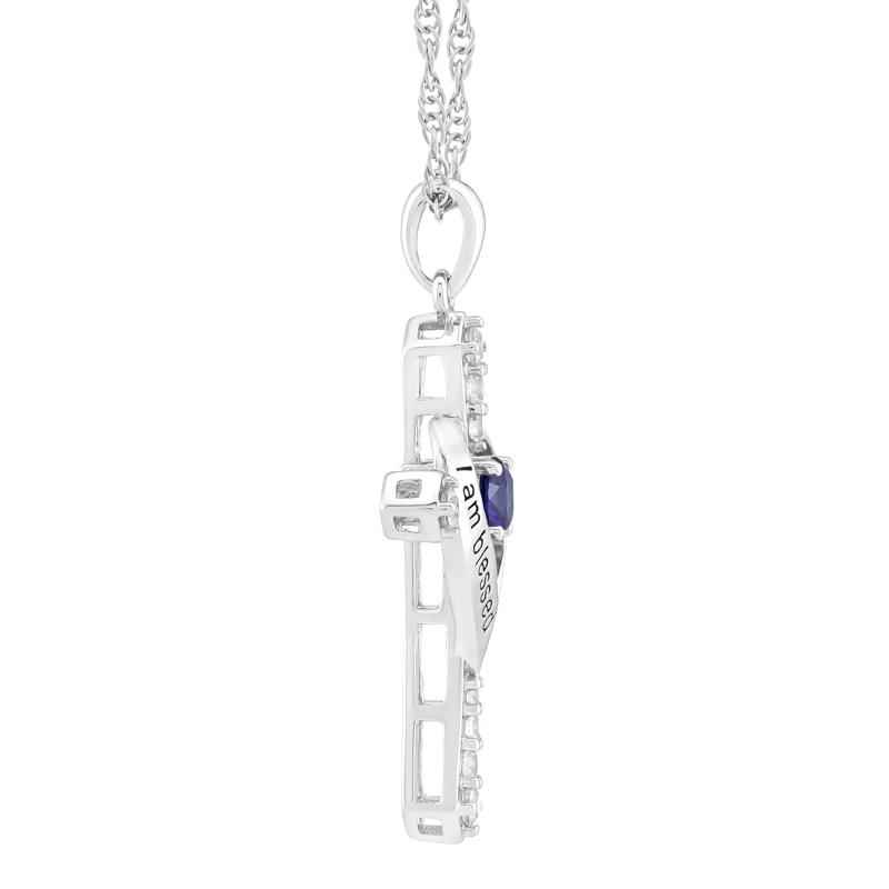 I Am Blessed to Have You Lab-Created Blue Sapphire and Lab-Created White Sapphire Cross Pendant in Sterling Silver – Image 2 of 3