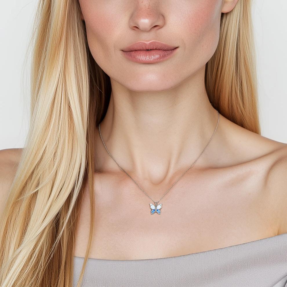 Lab Created Opal, Blue Topaz &amp; Diamond Butterfly Pendant in 10K White Gold – Image 4 of 4