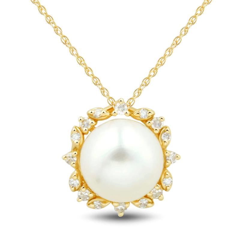 Button Freshwater Cultured Pearl and Diamond Pendant in 10K Yellow Gold &#40;1/10 ct. tw.&#41; – Image 1 of 3