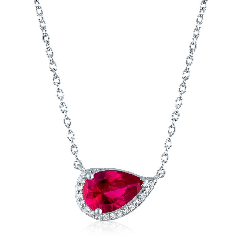 Lab-Created Ruby and Diamond Accent Pear-Shaped Half Halo Necklace in Sterling Silver – Image 1 of 3
