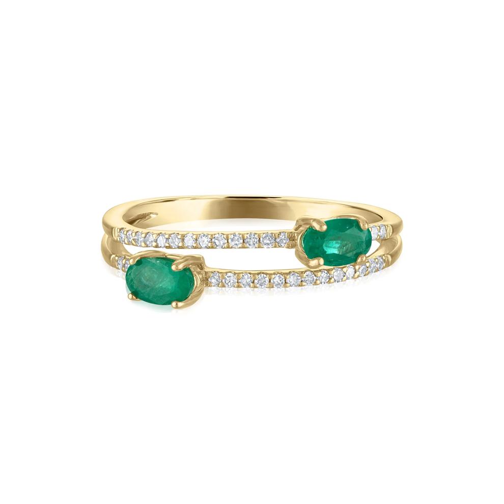 Diamond and Emerald Double Row Band in 10K Yellow Gold (1/10 ct. tw.) – Image 1 of 3