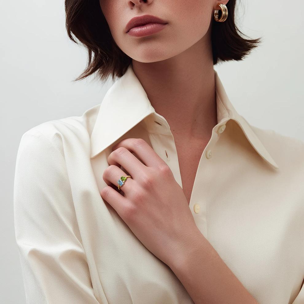 Blue Topaz, Peridot and Diamond Toi et Moi Ring in 10K Yellow Gold – Image 5 of 5