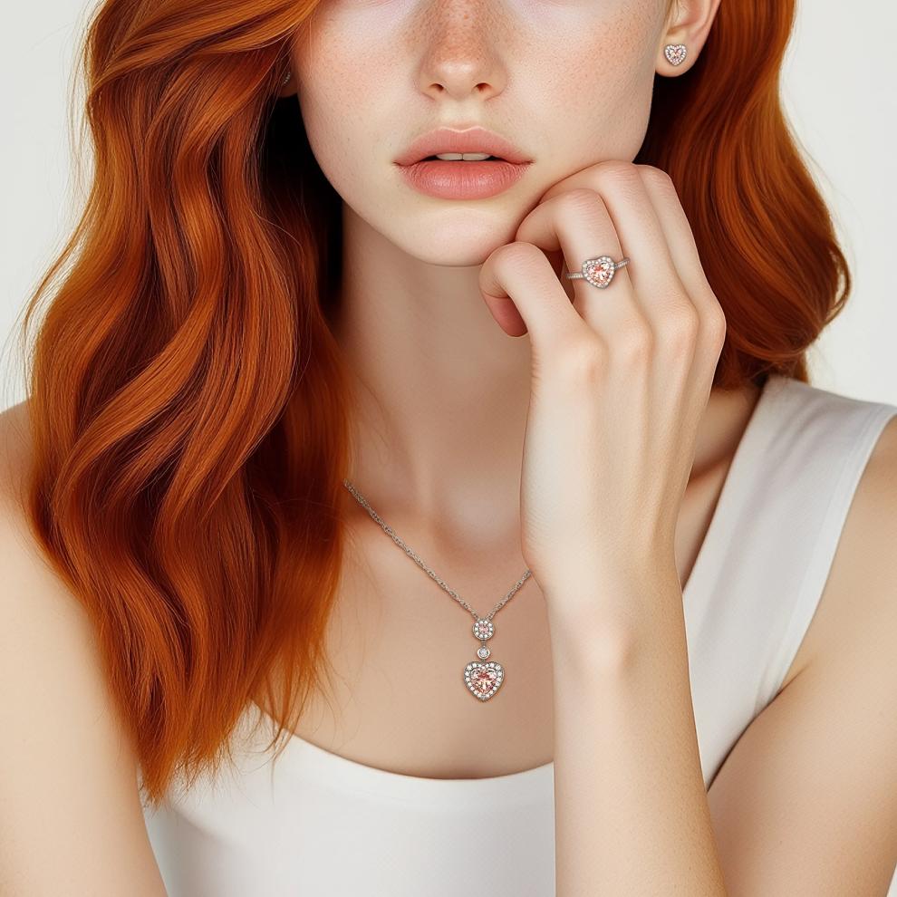 Heart-Shaped Lab Created Pink Sapphire Earring, Pendant &amp; Ring Set in Sterling Silver – Image 8 of 8